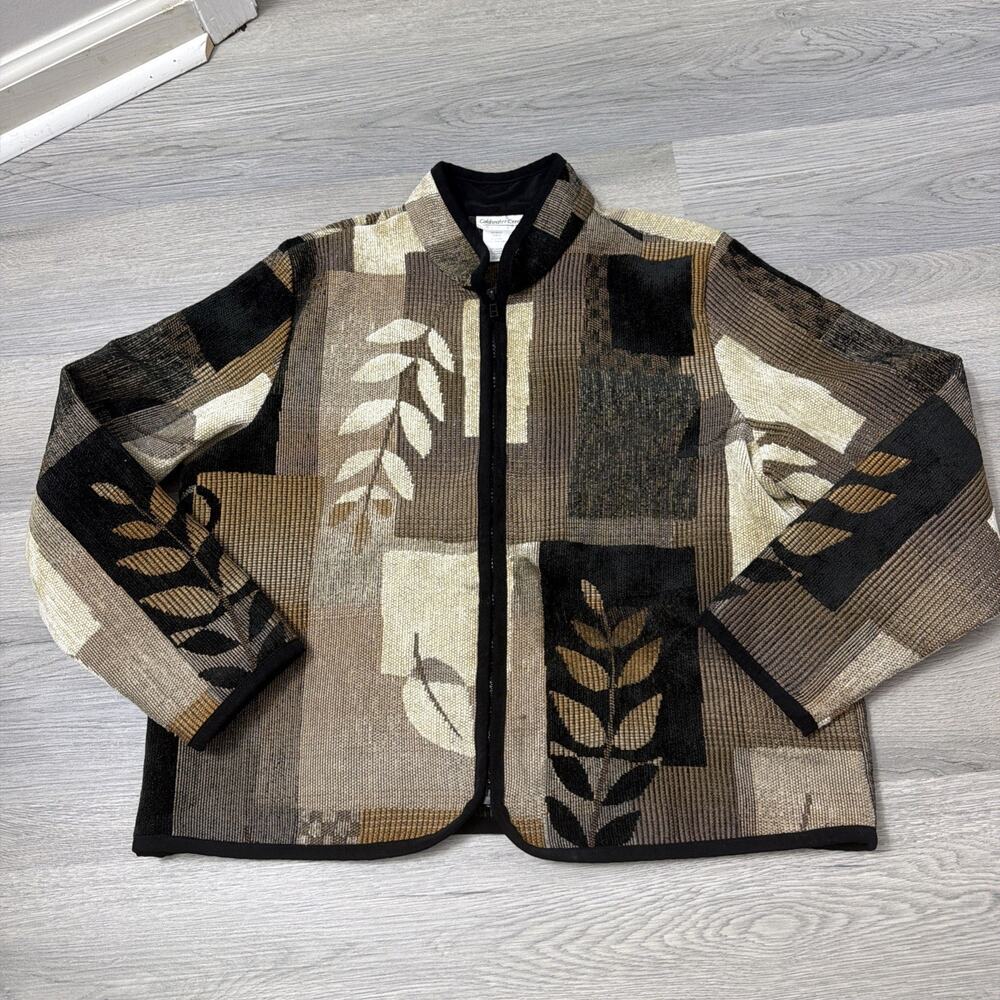 Vintage Coldwater Creek Jacket Womens PL Full Zip Patchwork Tapestry Brown Black